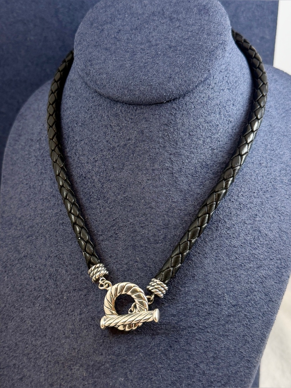 NWT CAROLYN POLLACK Sterling Silver Black Braided Leather Toggle Necklace, 17”
